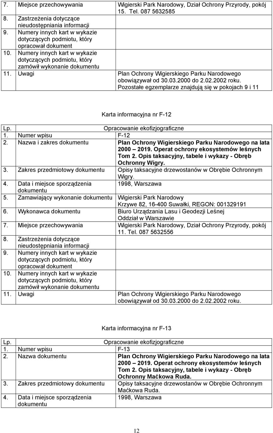 Zakres przedmiotowy Opisy taksacyjne drzewostanów w Obrębie Ochronnym Wigry. 4. Data i miejsce sporządzenia 1998, Warszawa 5. Zamawiający wykonanie Wigierski Park Narodowy 6.