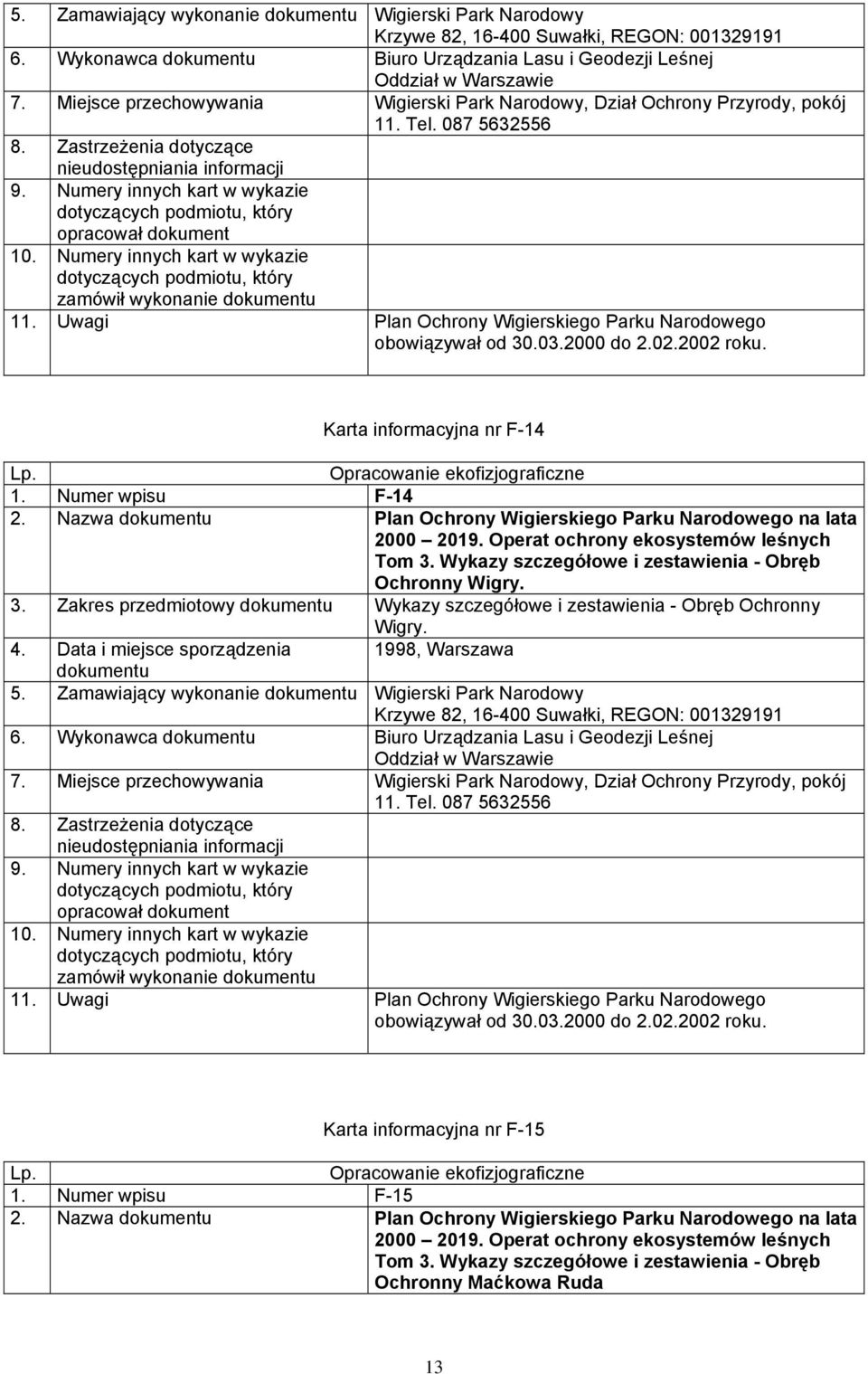 Wykazy szczegółowe i zestawienia - Obręb Ochronny Wigry. 3. Zakres przedmiotowy Wykazy szczegółowe i zestawienia - Obręb Ochronny Wigry. 4. Data i miejsce sporządzenia 1998, Warszawa 2002 roku.