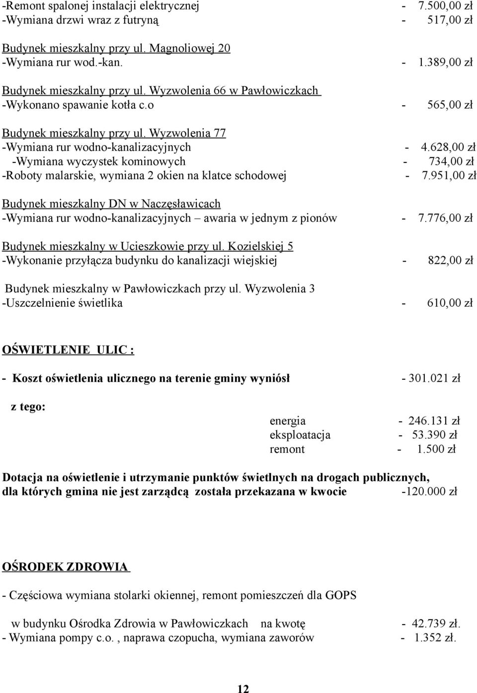 628,00 zł -Wymiana wyczystek kominowych - 734,00 zł -Roboty malarskie, wymiana 2 okien na klatce schodowej - 7.