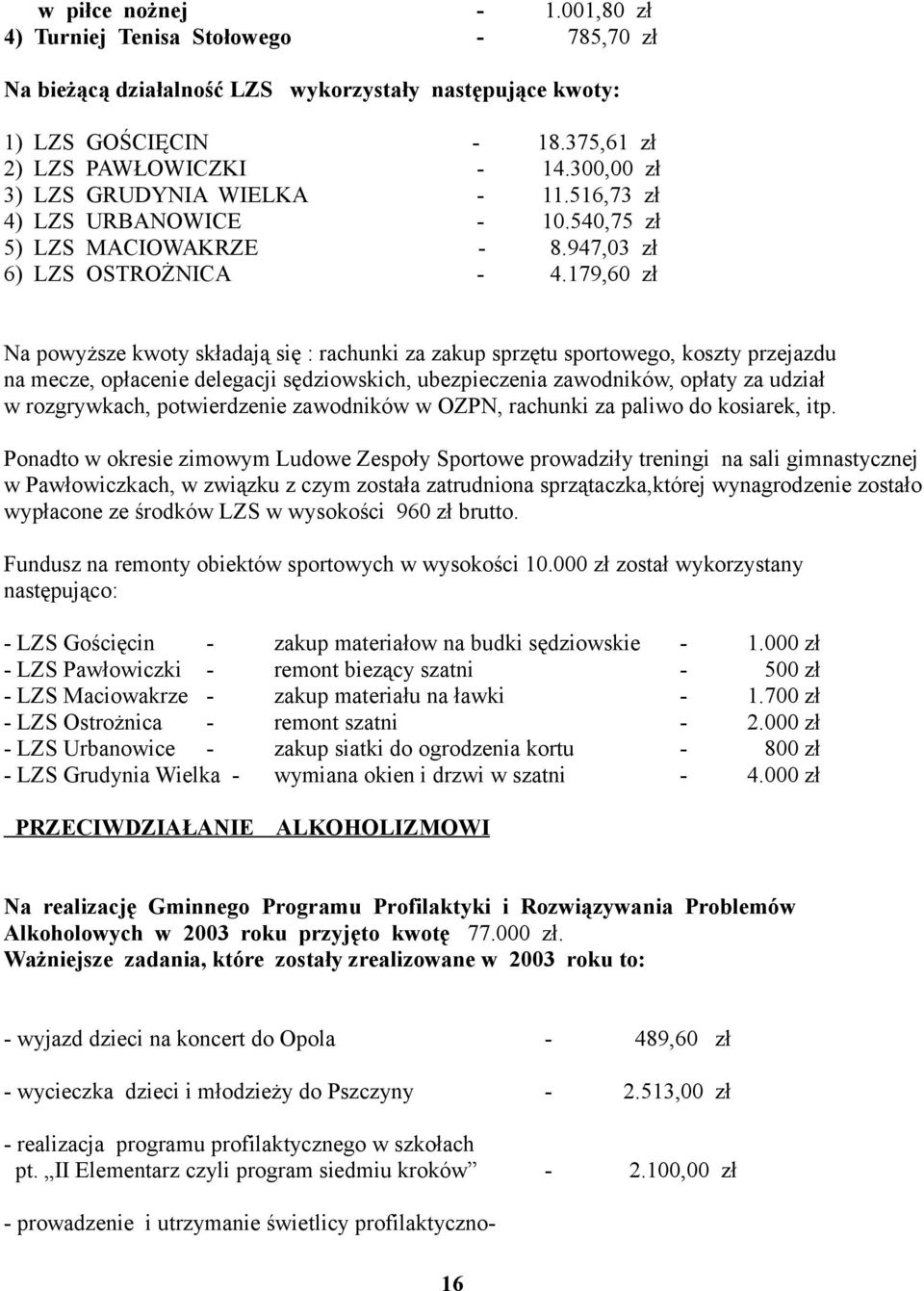 179,60 zł Na powyższe kwoty składają się : rachunki za zakup sprzętu sportowego, koszty przejazdu na mecze, opłacenie delegacji sędziowskich, ubezpieczenia zawodników, opłaty za udział w rozgrywkach,