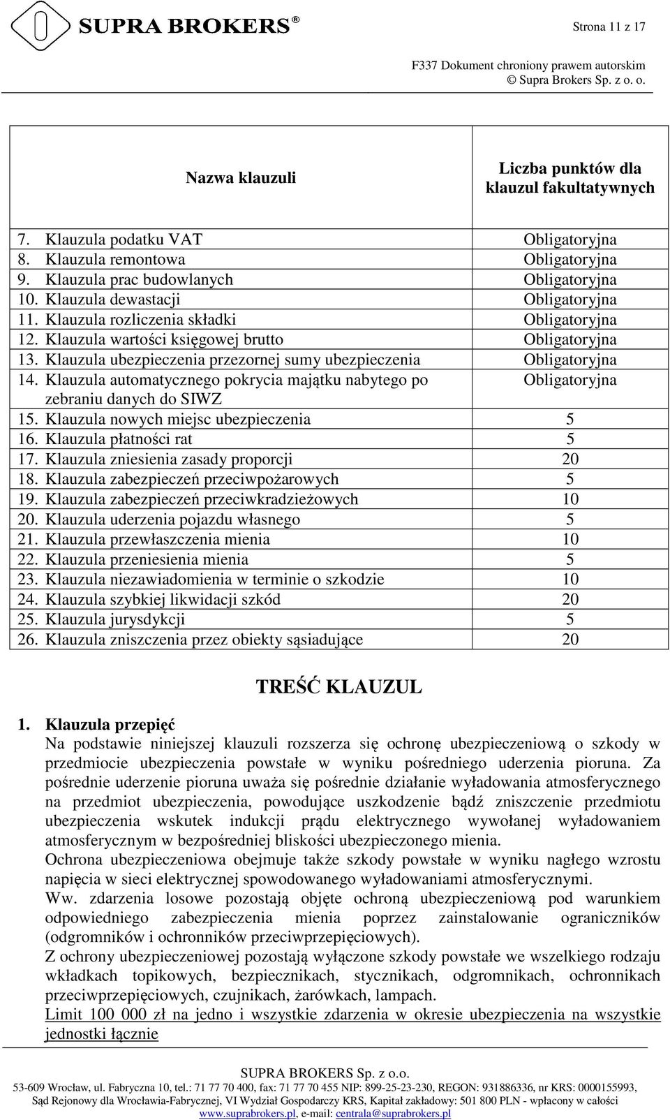 Klauzula ubezpieczenia przezornej sumy ubezpieczenia Obligatoryjna 14. Klauzula automatycznego pokrycia majątku nabytego po Obligatoryjna zebraniu danych do SIWZ 15.