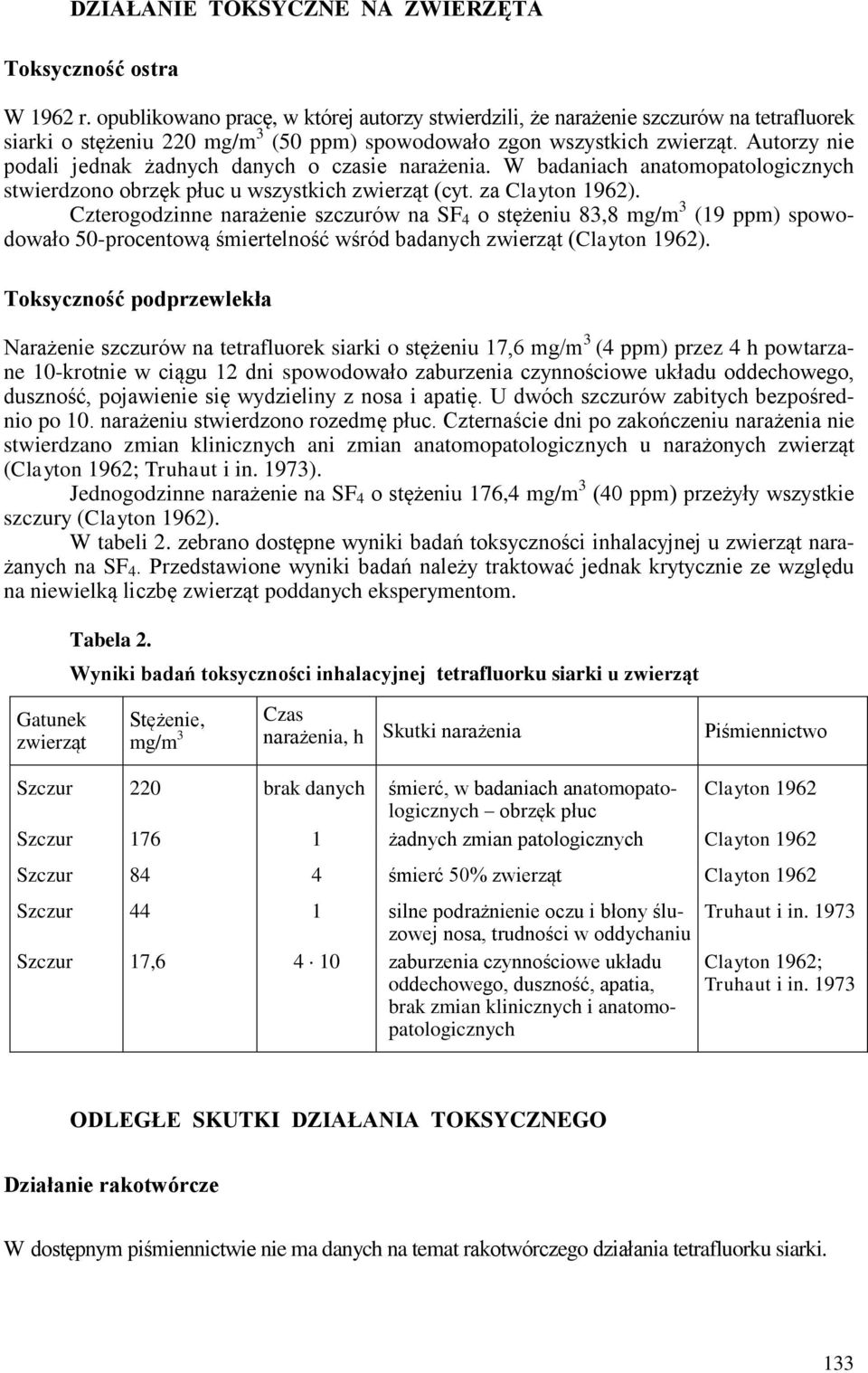 Autorzy nie podali jednak żadnych danych o czasie narażenia. W badaniach anatomopatologicznych stwierdzono obrzęk płuc u wszystkich zwierząt (cyt. za Clayton 1962).