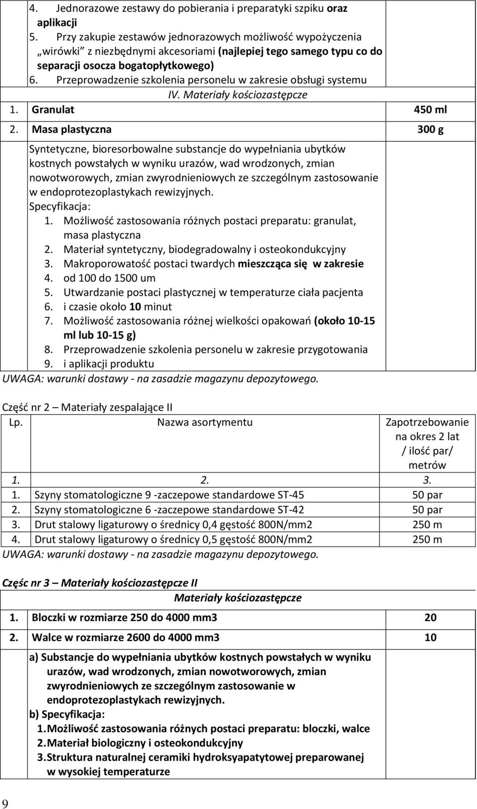 Przeprowadzenie szkolenia personelu w zakresie obsługi systemu IV. Materiały kościozastępcze 1. Granulat 450 ml 2.