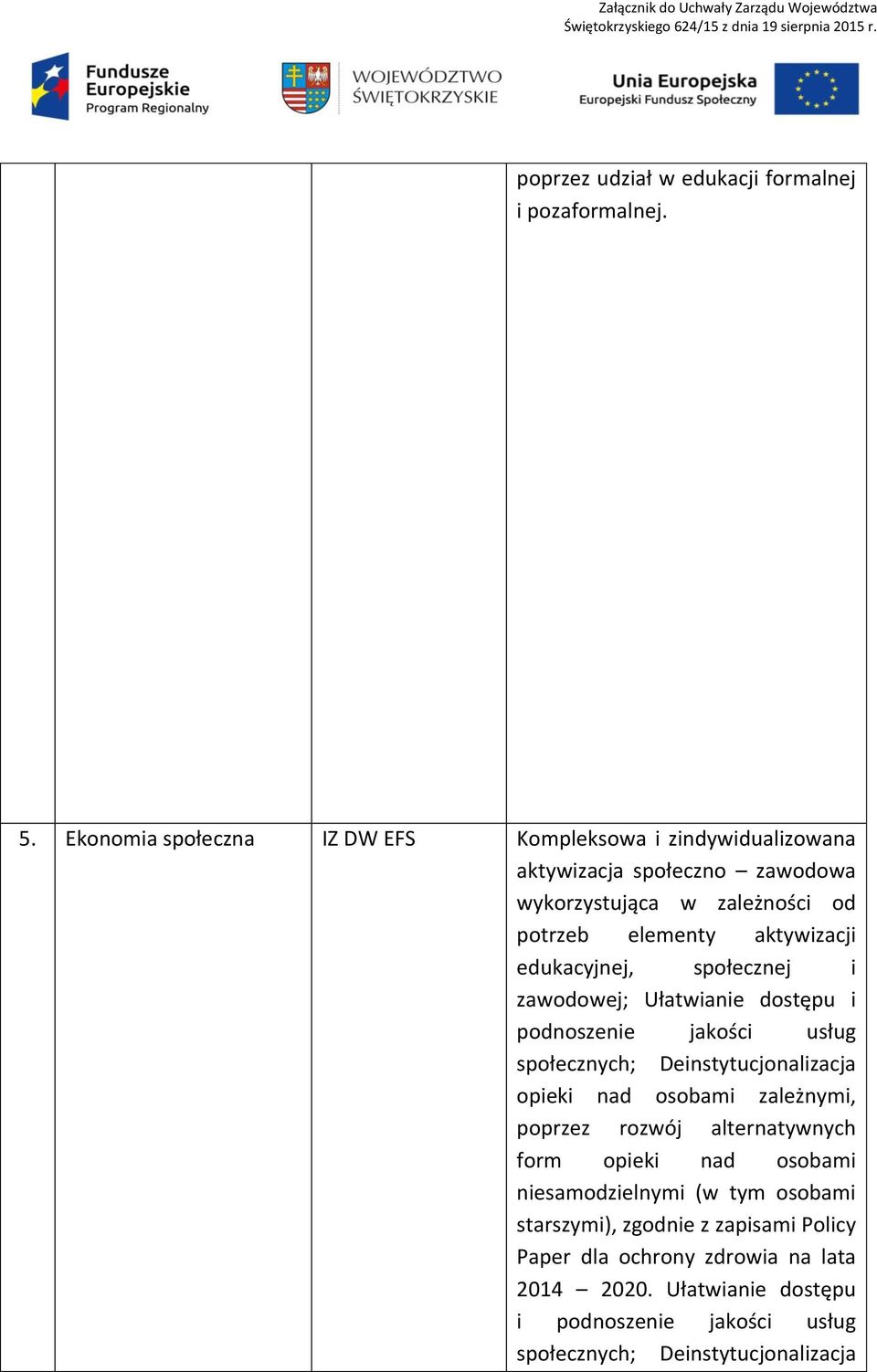 aktywizacji edukacyjnej, społecznej i zawodowej; Ułatwianie dostępu i podnoszenie jakości usług społecznych; Deinstytucjonalizacja opieki nad osobami