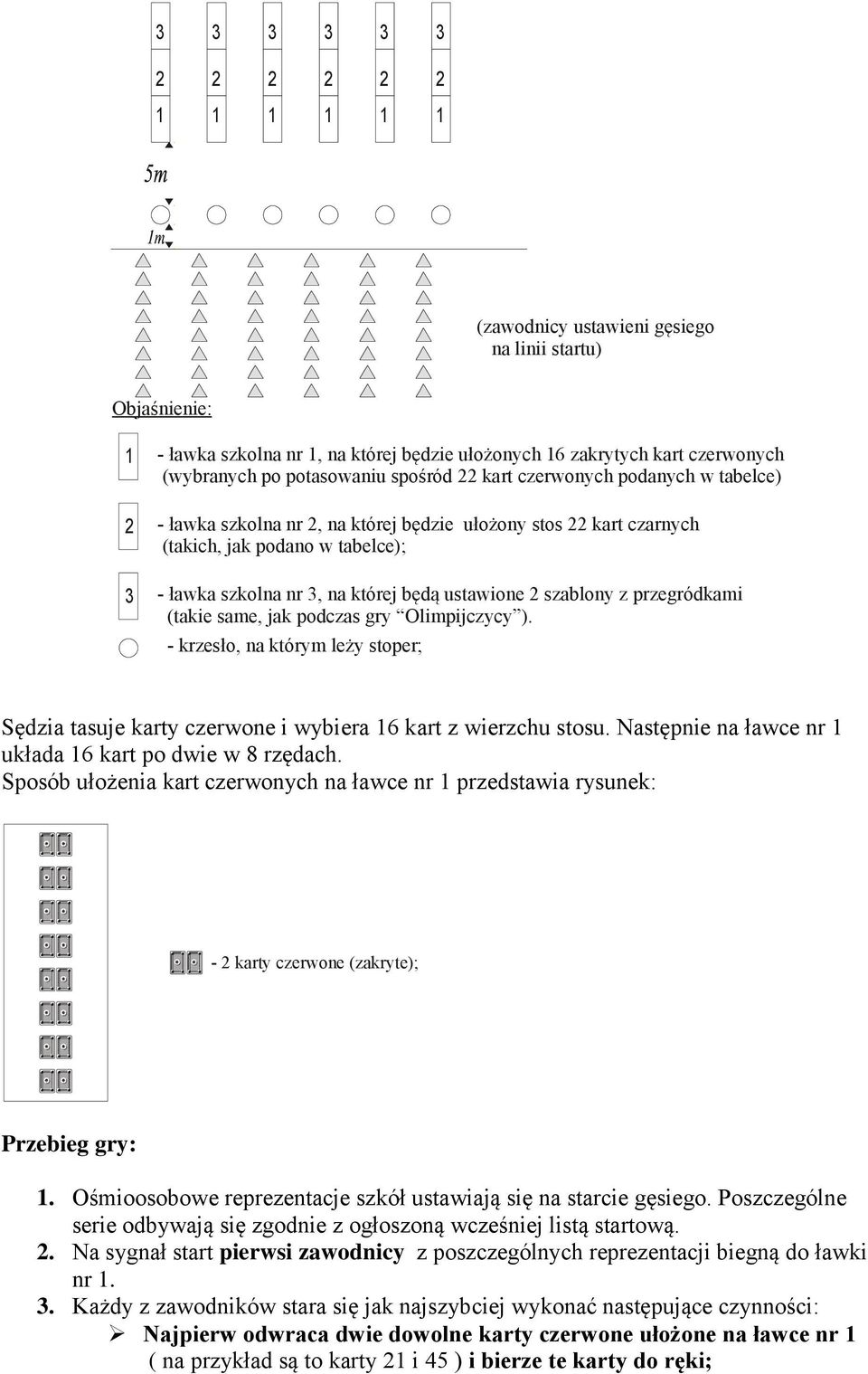 gry Olimpijczycy ). - krzesło, na którym leży stoper; Sędzia tasuje karty czerwone i wybiera 6 kart z wierzchu stosu. Następnie na ławce nr układa 6 kart po dwie w 8 rzędach.