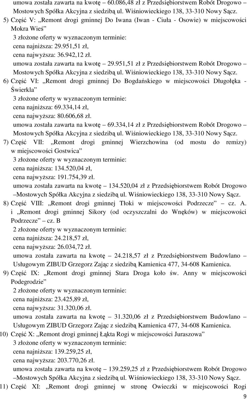 umowa została zawarta na kwotę 29.951,51 zł z Przedsiębiorstwem Robót Drogowo Mostowych Spółka Akcyjna z siedzibą ul. Wiśniowieckiego 138, 33-310 Nowy Sącz.