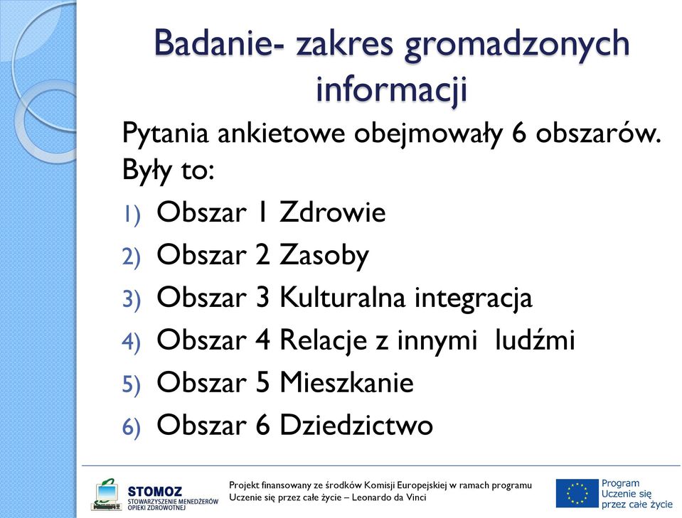 Były to: 1) Obszar 1 Zdrowie 2) Obszar 2 Zasoby 3) Obszar 3