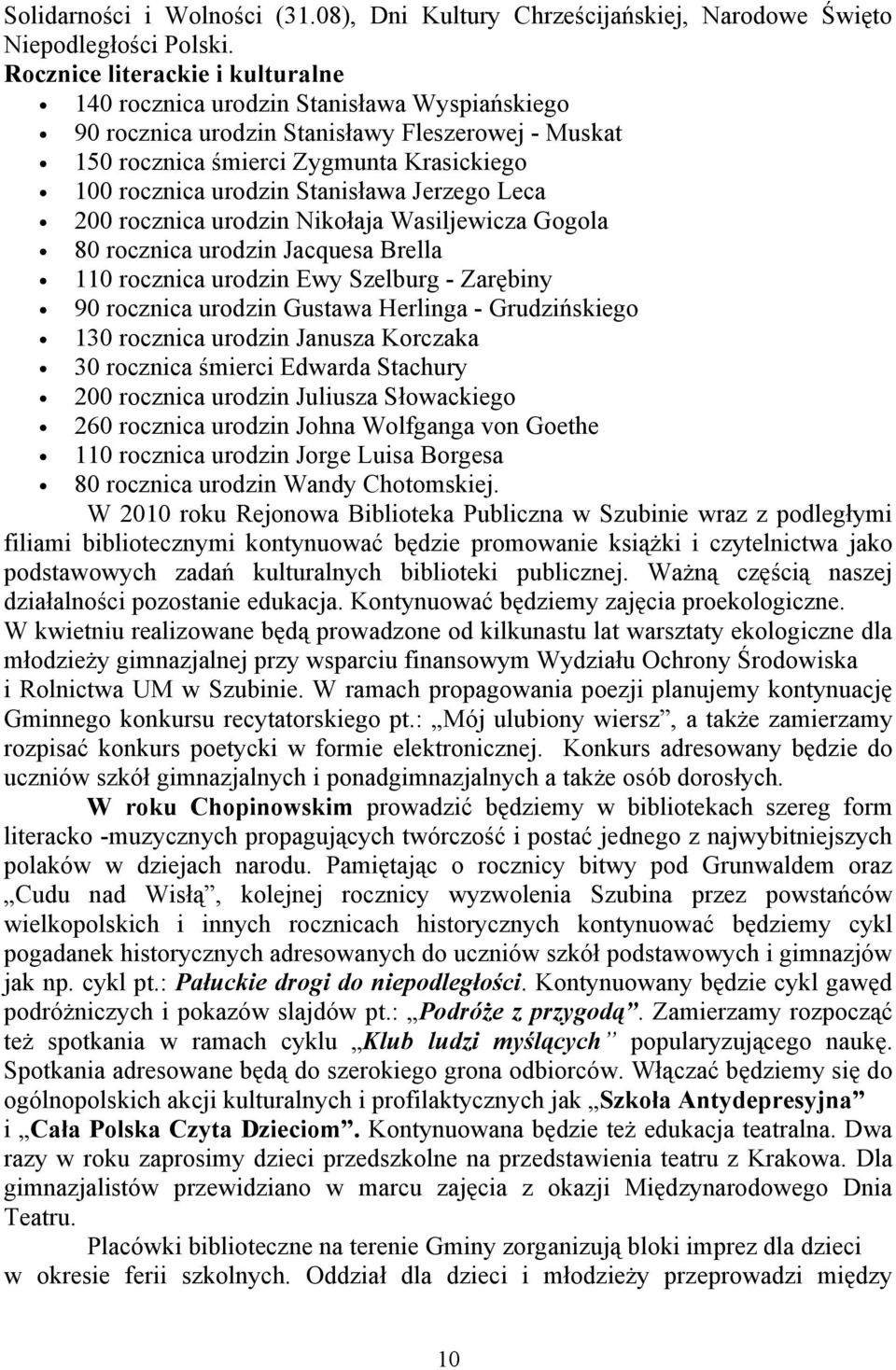 Stanisława Jerzego Leca 200 rocznica urodzin Nikołaja Wasiljewicza Gogola 80 rocznica urodzin Jacquesa Brella 110 rocznica urodzin Ewy Szelburg - Zarębiny 90 rocznica urodzin Gustawa Herlinga -