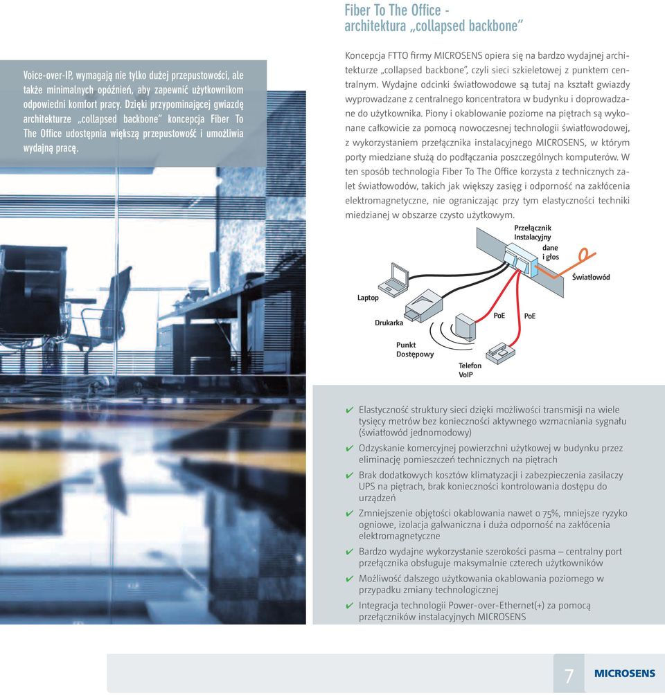 Koncepcja FTTO firmy MICROSENS opiera się na bardzo wydajnej architekturze collapsed backbone, czyli sieci szkieletowej z punktem centralnym.