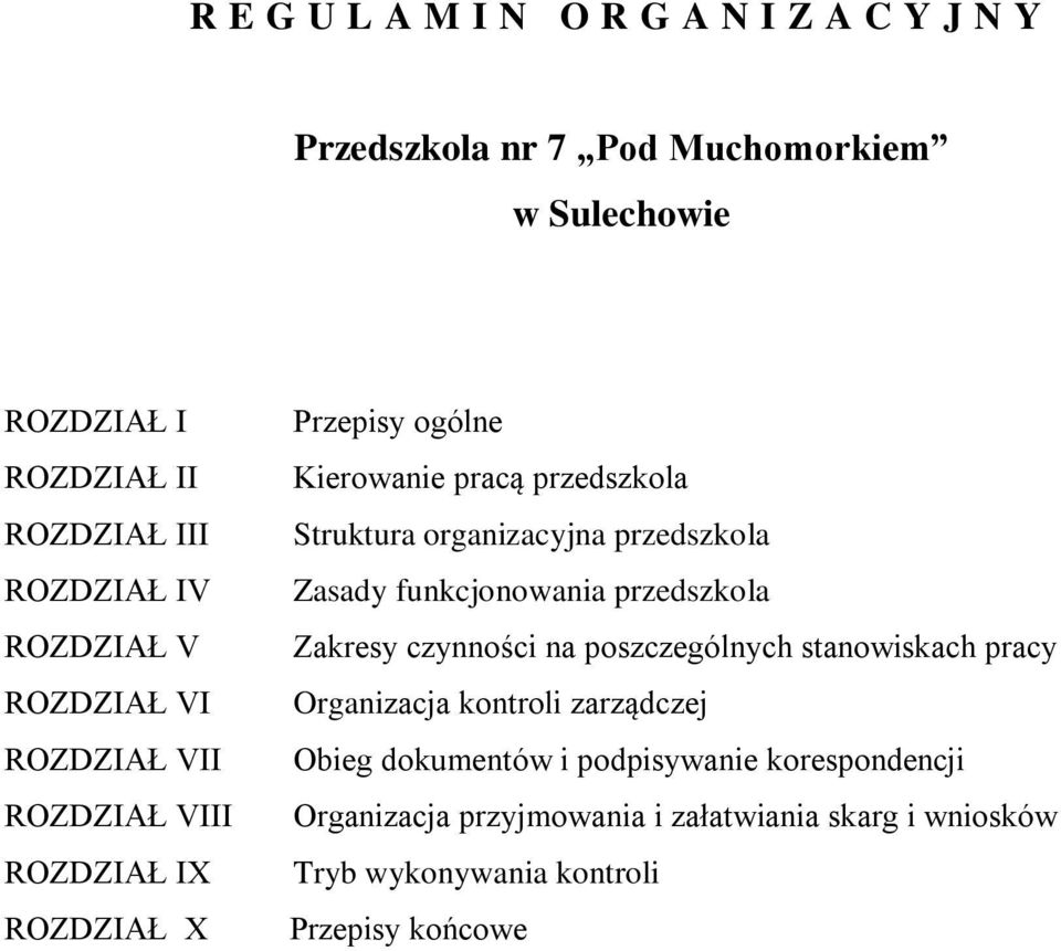 organizacyjna przedszkola Zasady funkcjonowania przedszkola Zakresy czynności na poszczególnych stanowiskach pracy Organizacja kontroli