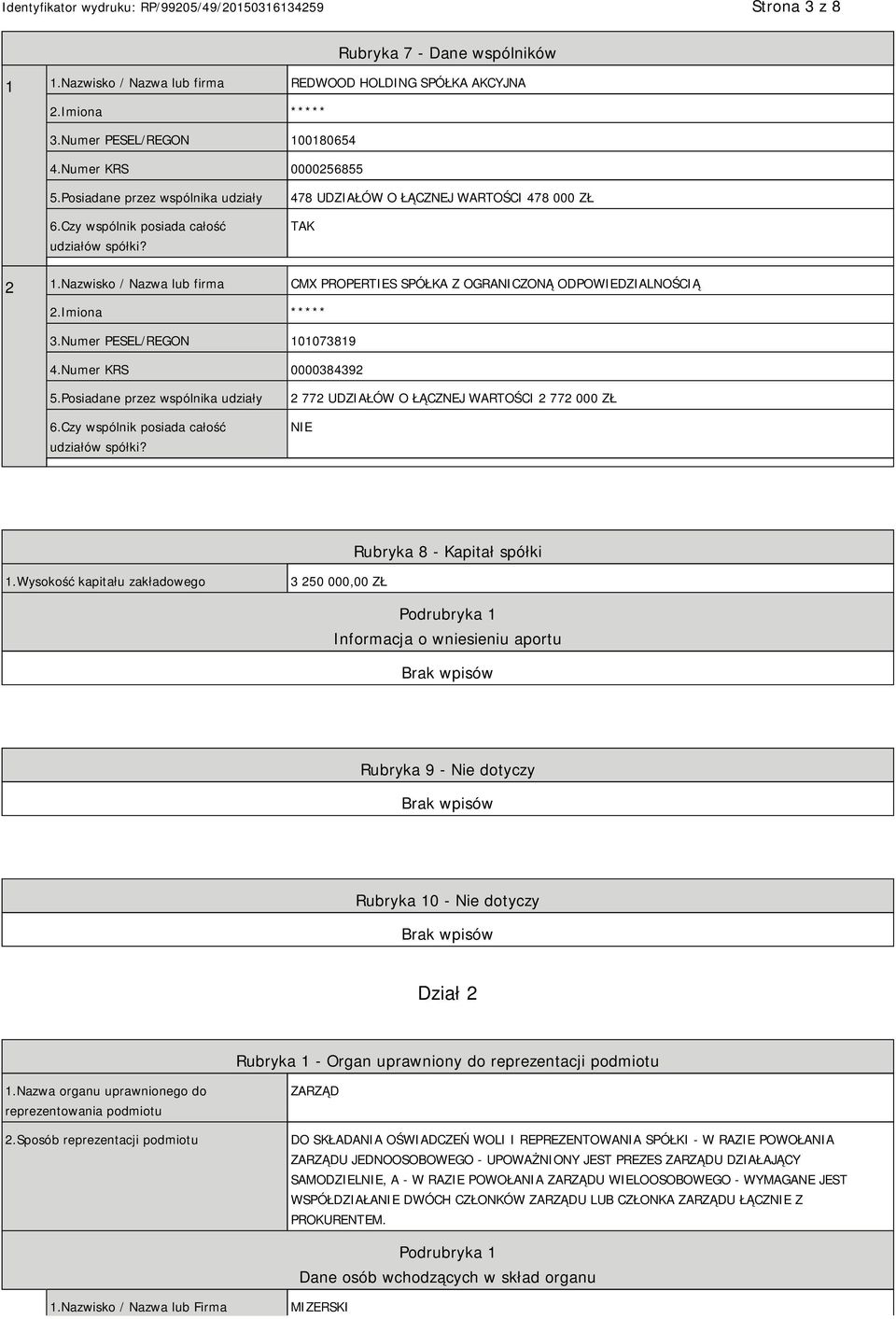 Nazwisko / Nazwa lub firma CMX PROPERTIES SPÓŁKA Z OGRANICZONĄ ODPOWIEDZIALNOŚCIĄ 2.Imiona ***** 3.Numer PESEL/REGON 101073819 4.Numer KRS 0000384392 5.Posiadane przez wspólnika udziały 6.