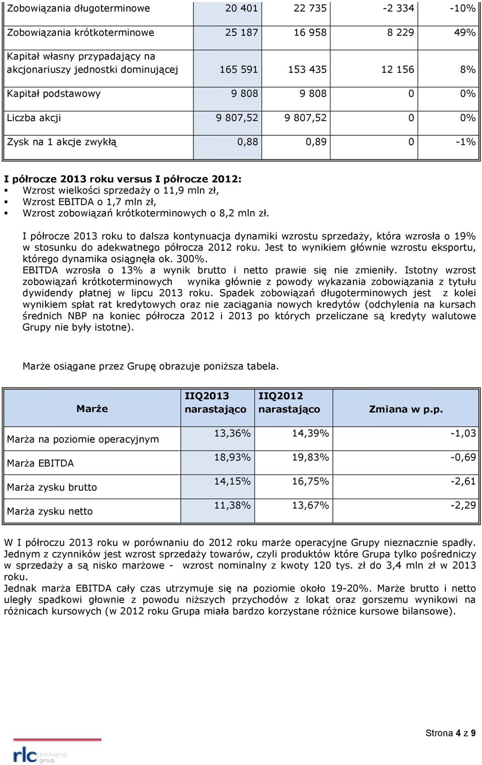 Wzrost EBITDA o 1,7 mln zł, Wzrost zobowiązań krótkoterminowych o 8,2 mln zł.