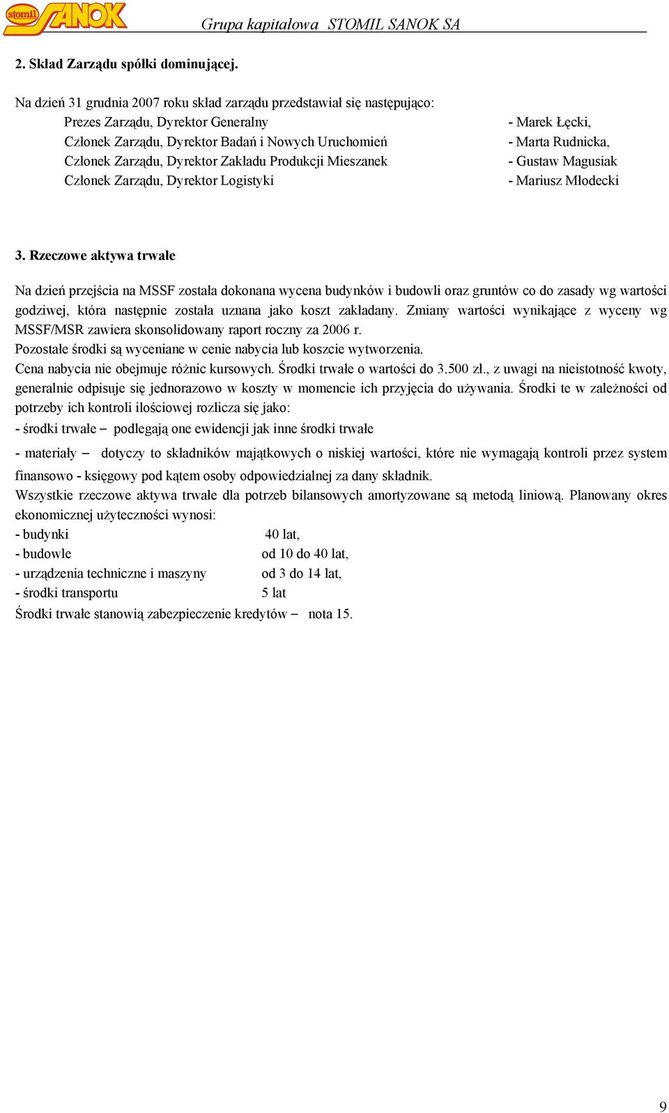 Członek Zarządu, Dyrektor Zakładu Produkcji Mieszanek Członek Zarządu, Dyrektor Logistyki - Marek Łęcki, - Marta Rudnicka, - Gustaw Magusiak - Mariusz Młodecki 3.