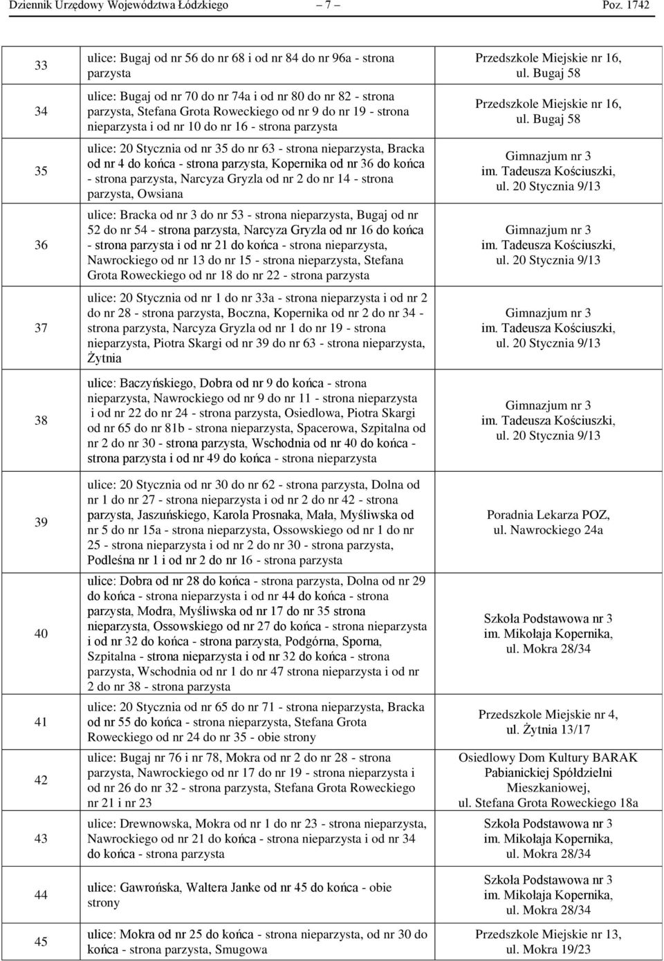 Roweckiego od nr 9 do nr 19 - strona nieparzysta i od nr 10 do nr 16 - strona parzysta ulice: 20 Stycznia od nr 35 do nr 63 - strona nieparzysta, Bracka od nr 4 do końca - strona parzysta, Kopernika