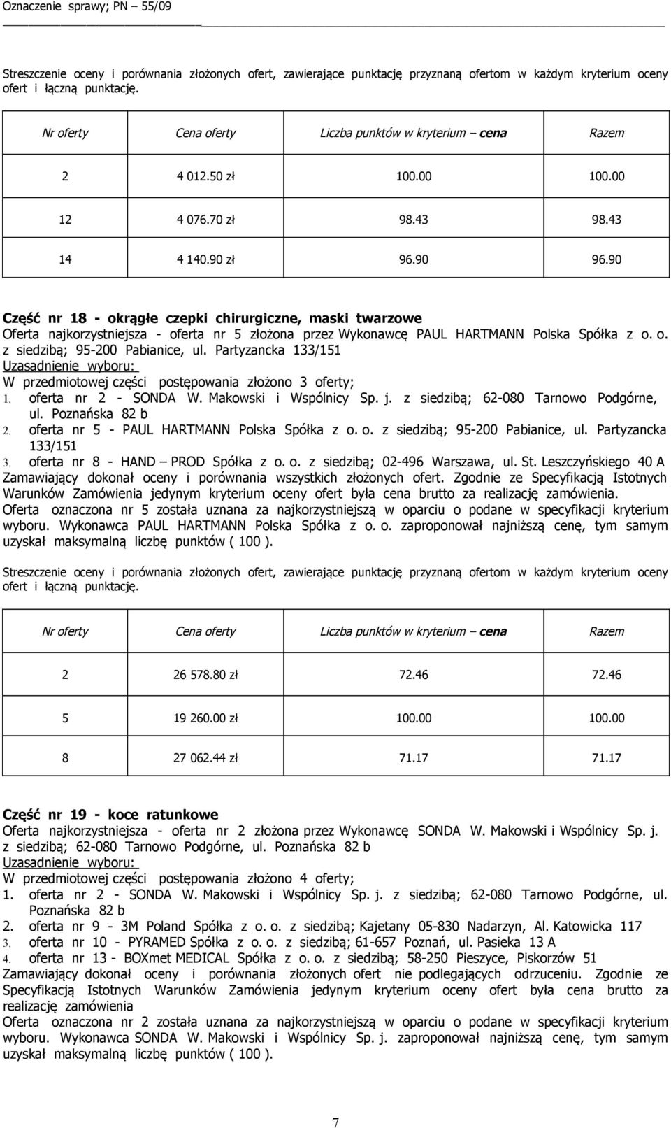 Partyzancka 133/151 W przedmiotowej części postępowania złożono 3 oferty; 2. oferta nr 5 - PAUL HARTMANN Polska Spółka z o. o. z siedzibą; 95-200 Pabianice, ul. Partyzancka 133/151 3.