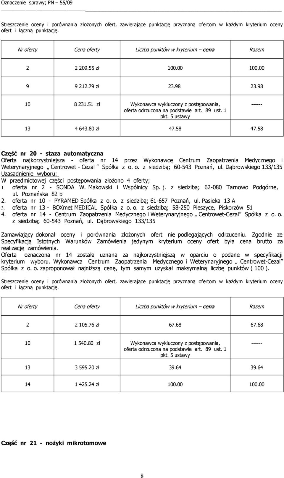 o. z siedzibą; 61-657 Poznań, ul. Pasieka 13 A 3. oferta nr 13 - BOXmet MEDICAL Spółka z o. o. z siedzibą; 58-250 Pieszyce, Piskorzów 51 4.