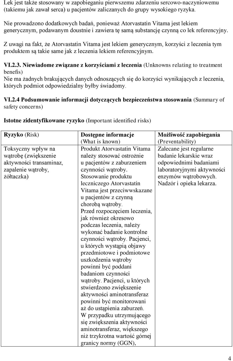 Z uwagi na fakt, że Atorvastatin Vitama jest lekiem generycznym, korzyści z leczenia tym produktem są takie same jak z leczenia lekiem referencyjnym. VI.2.3.