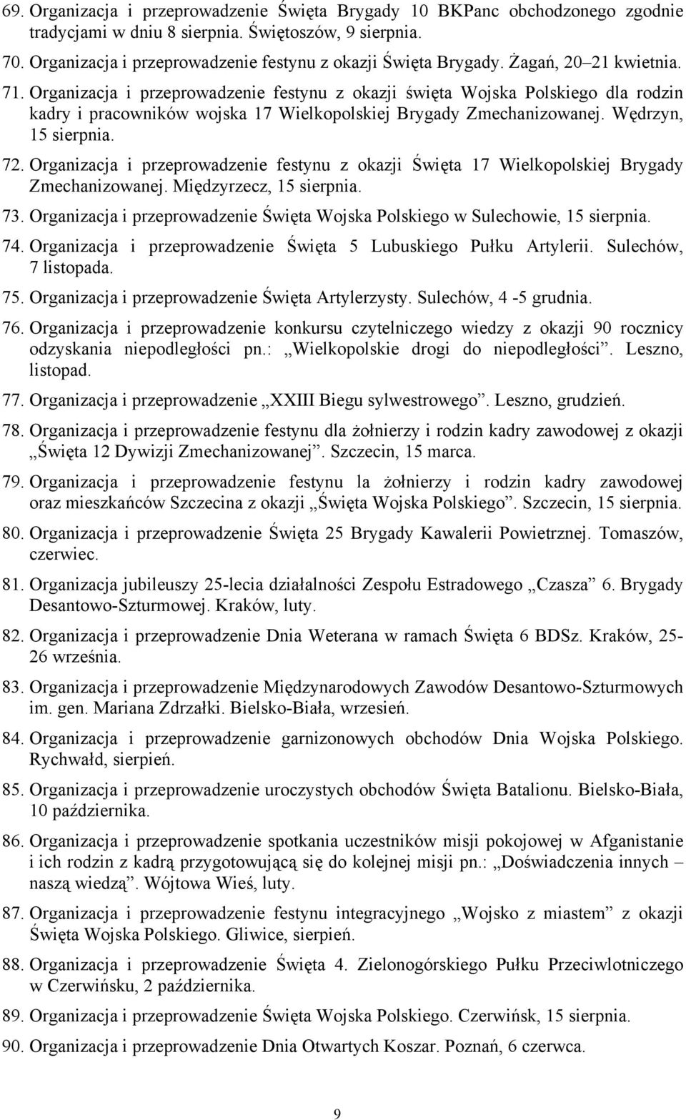 72. Organizacja i przeprowadzenie festynu z okazji Święta 17 Wielkopolskiej Brygady Zmechanizowanej. Międzyrzecz, 15 sierpnia. 73.