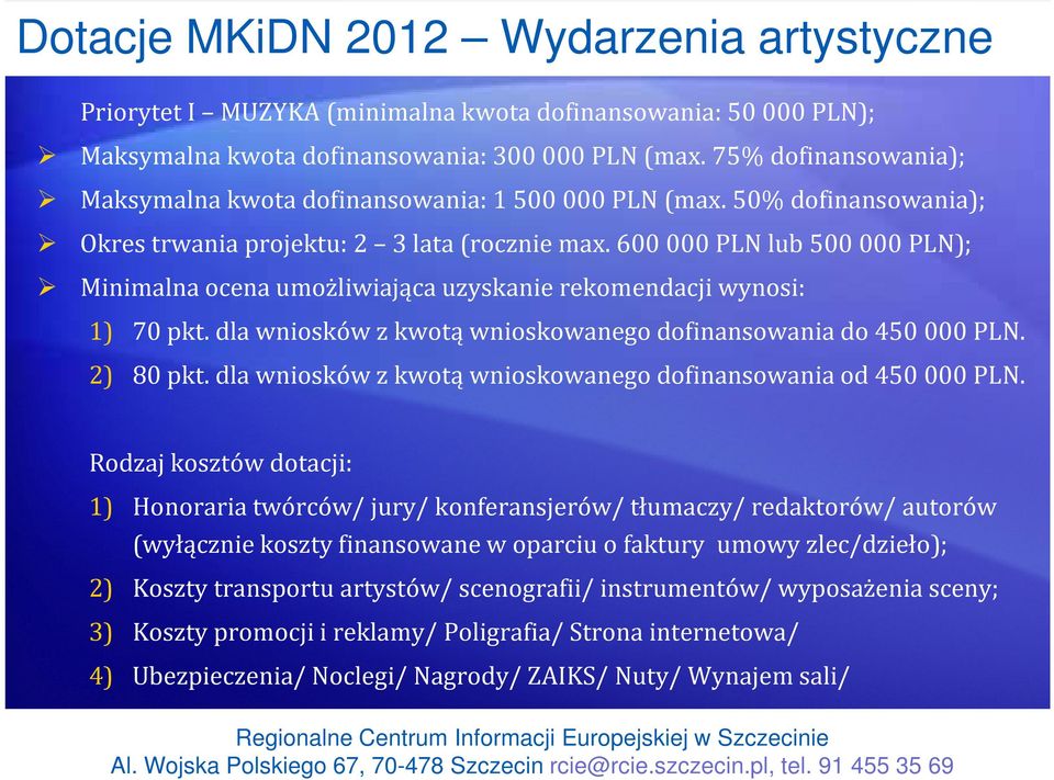 600000 PLN lub 500000 PLN); Minimalna ocena umożliwiająca uzyskanie rekomendacji wynosi: 1) 70 pkt. dla wniosków z kwotą wnioskowanego dofinansowania do 450000 PLN. 2) 80 pkt.