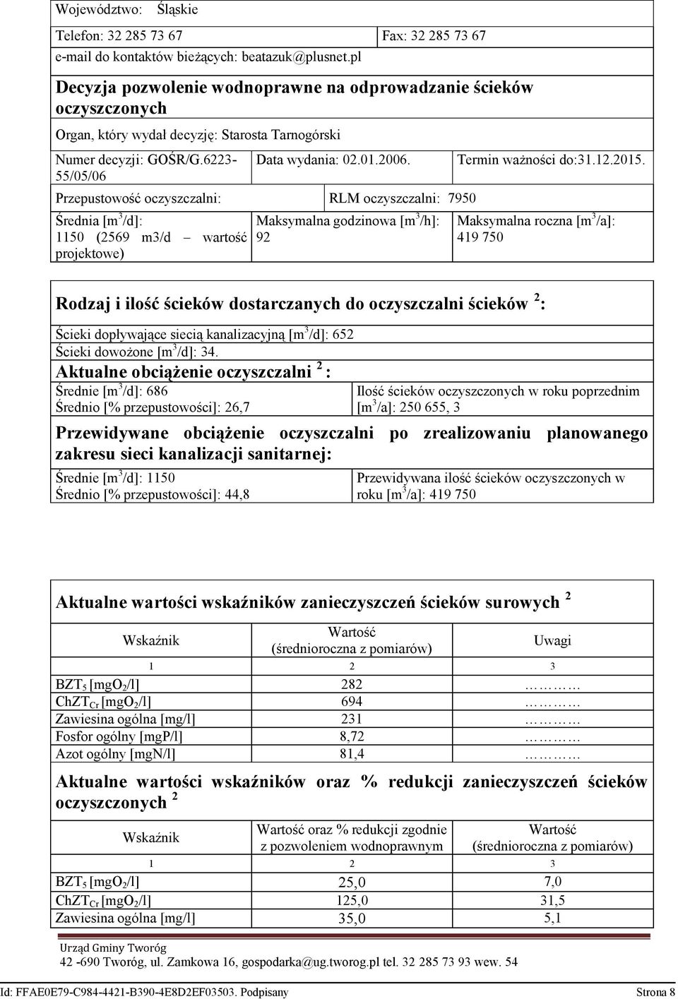 Przepustowość oczyszczalni: RLM oczyszczalni: 7950 Średnia [m 3 /d]: 1150 (2569 m3/d wartość projektowe) Maksymalna godzinowa [m 3 /h]: 92 Termin ważności do:31.12.2015.