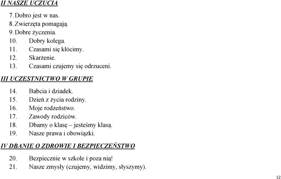 15. Dzień z życia rodziny. 16. Moje rodzeństwo. 17. Zawody rodziców. 18. Dbamy o klasę jesteśmy klasą. 19.