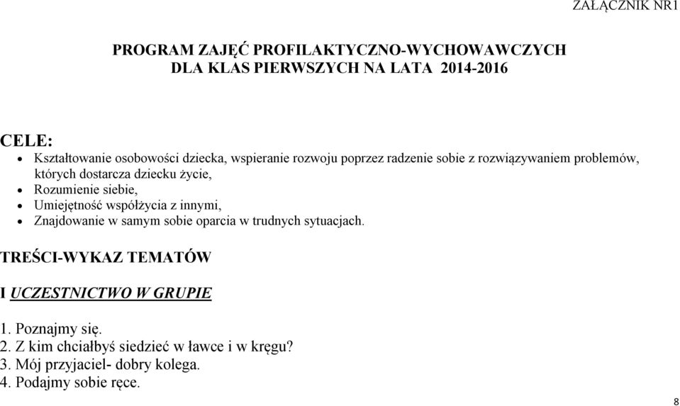 siebie, Umiejętność współżycia z innymi, Znajdowanie w samym sobie oparcia w trudnych sytuacjach.