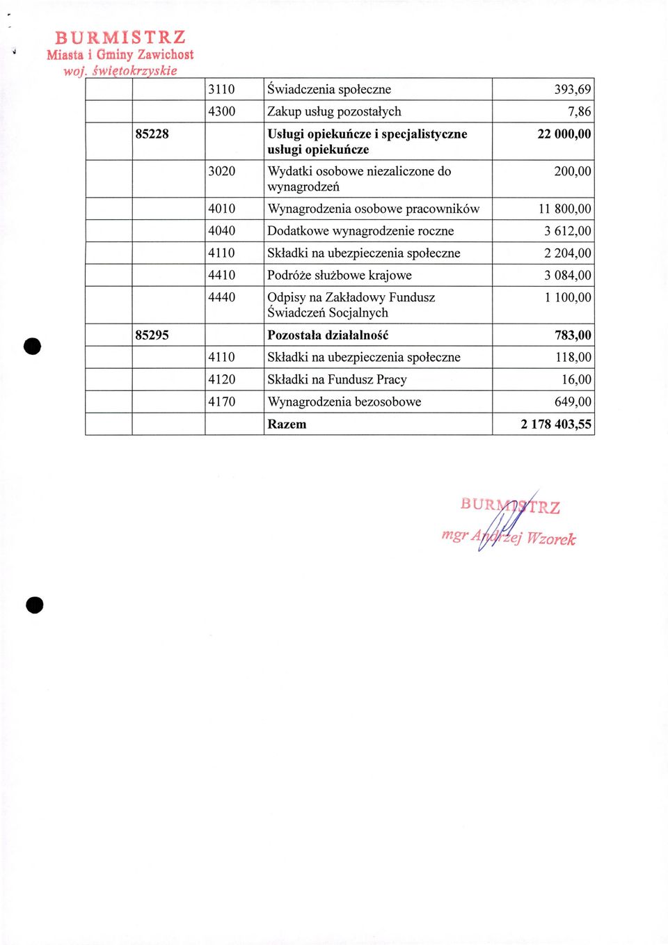 ubezpieczenia spoleczne 2204,00 4410 Podróze sluthowe krajowe 3084,00 44 Odpisy na Zakiadowy Fundusz Swiadczeñ Socj alnych 1100,00 85295 Pozostala dzialalnosé