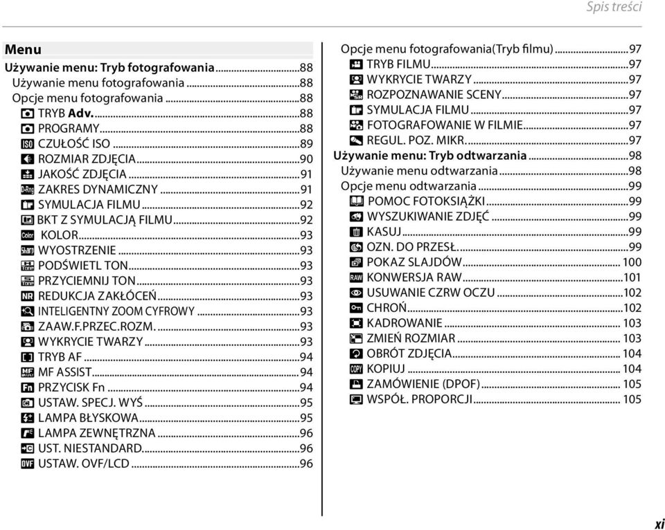 ..93 R INTELIGENTNY ZOOM CYFROWY...93 Z ZAAW.F.PRZEC.ROZM....93 b WYKRYCIE TWARZY...93 F TRYB AF...94 c MF ASSIST... 94 F PRZYCISK Fn...94 v USTAW. SPECJ. WYŚ...95 I LAMPA BŁYSKOWA.