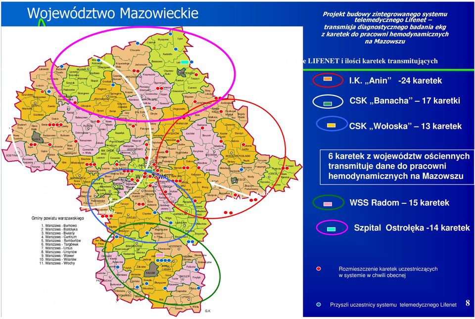 Anin -24 karetek CSK Banacha 17 karetki CSK Wołoska 13 karetek 6 karetek z województw ościennych transmituje dane do pracowni hemodynamicznych na Mazowszu Rawa