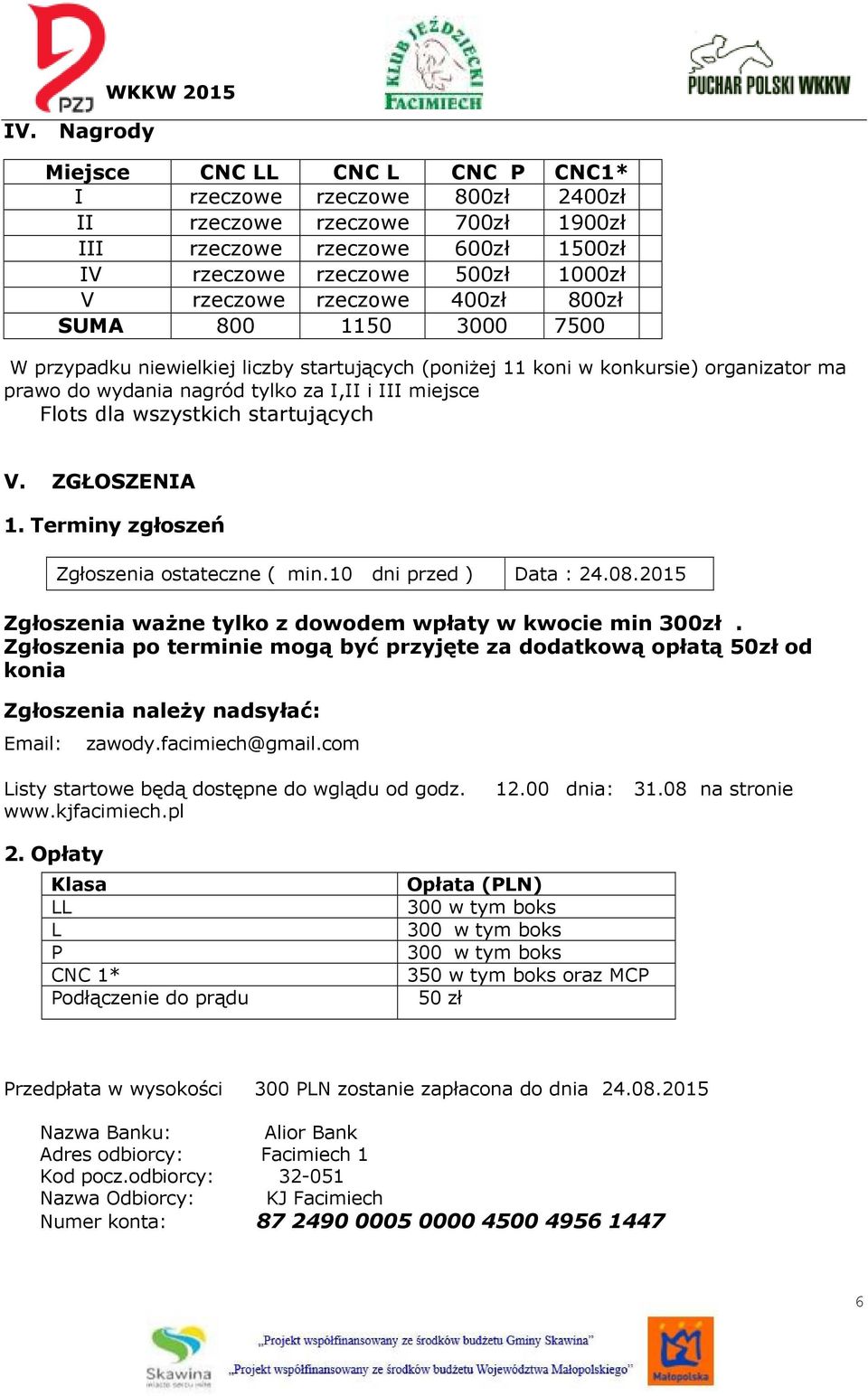 Flots dla wszystkich startujących V. ZGŁOSZENIA 1. Terminy zgłoszeń Zgłoszenia ostateczne ( min.10 dni przed ) Data : 24.08.2015 Zgłoszenia ważne tylko z dowodem wpłaty w kwocie min 300zł.