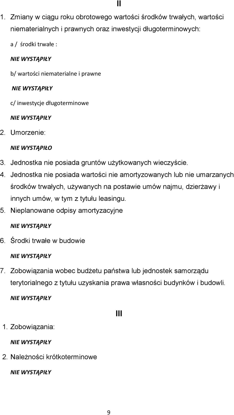 Jednostka nie posiada wartości nie amortyzowanych lub nie umarzanych środków trwałych, używanych na postawie umów najmu, dzierżawy i innych umów, w tym z tytułu leasingu. 5.