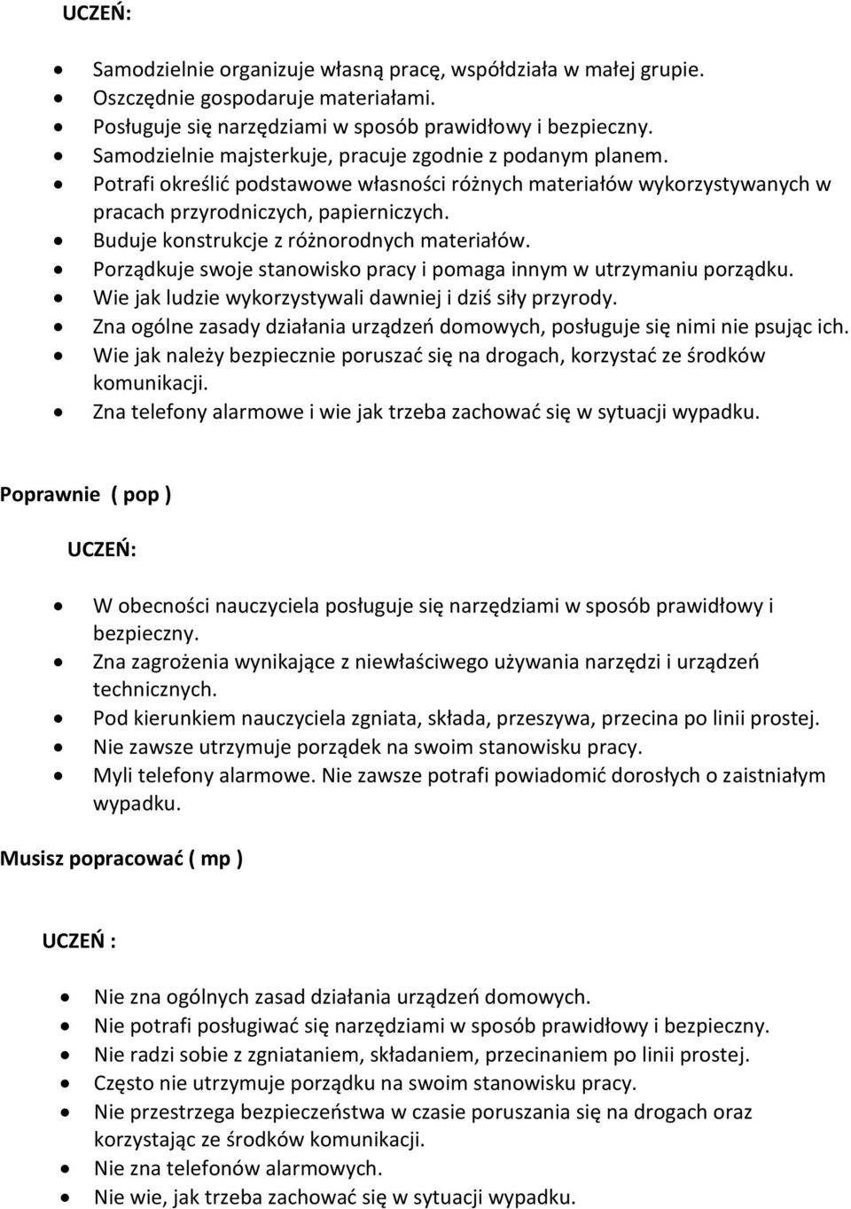 Buduje konstrukcje z różnorodnych materiałów. Porządkuje swoje stanowisko pracy i pomaga innym w utrzymaniu porządku. Wie jak ludzie wykorzystywali dawniej i dziś siły przyrody.