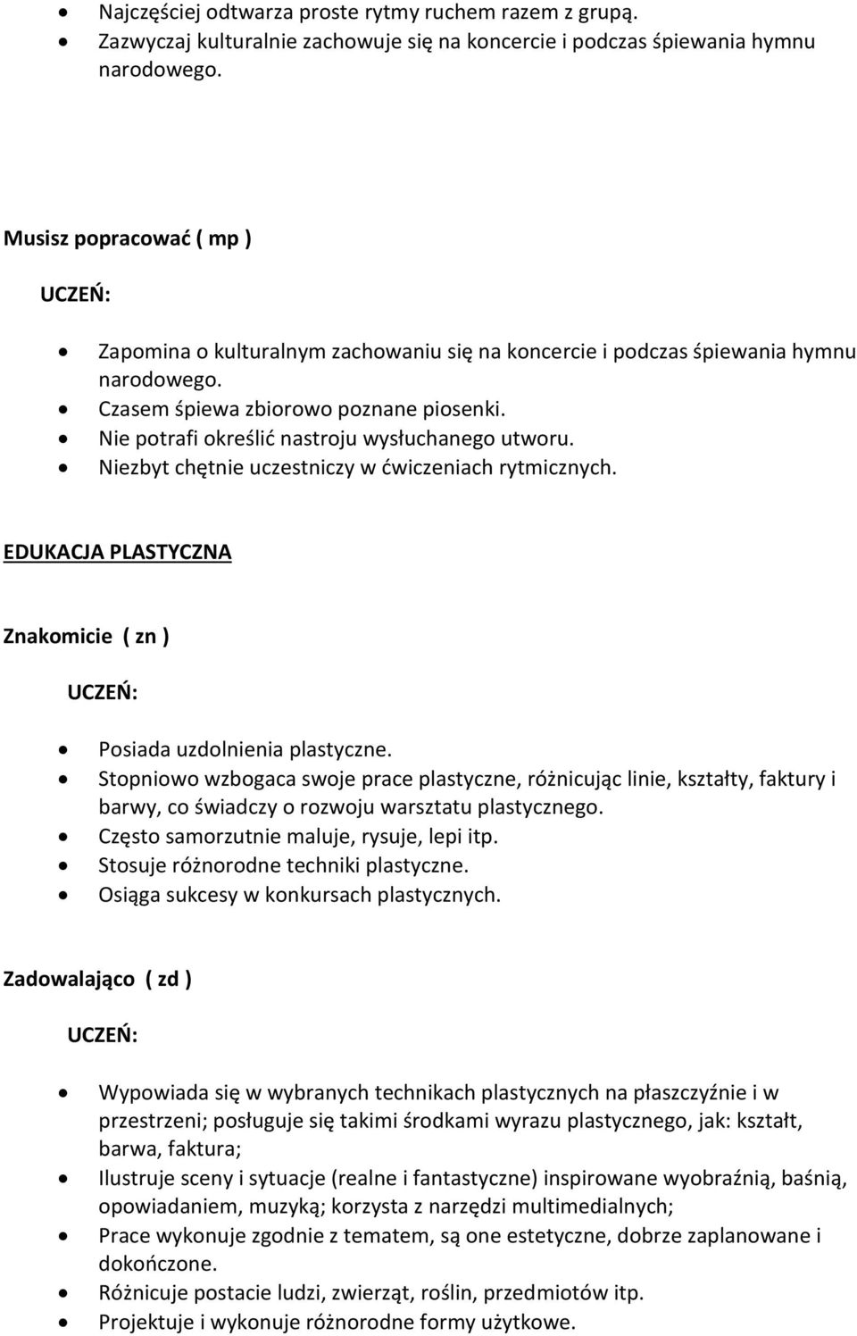 Niezbyt chętnie uczestniczy w ćwiczeniach rytmicznych. EDUKACJA PLASTYCZNA Posiada uzdolnienia plastyczne.