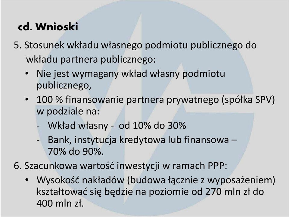 podmiotu publicznego, 100 % finansowanie partnera prywatnego (spółka SPV) w podziale na: Wkład własny od 10% do