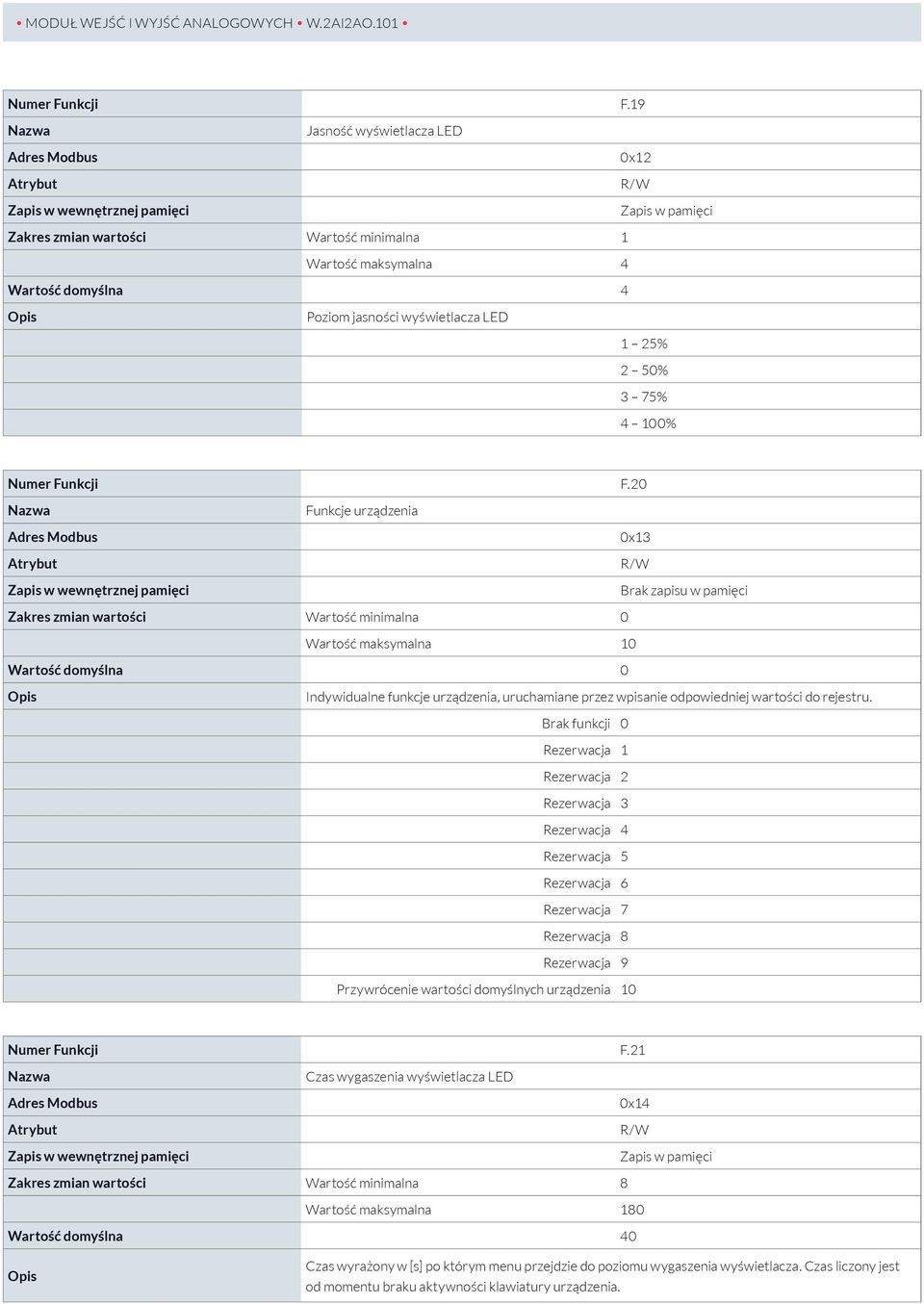 Zakres zmian wartości Wartość minimalna 0 Wartość maksymalna 10 Wartość domyślna 0 Indywidualne funkcje urządzenia, uruchamiane przez wpisanie odpowiedniej wartości do rejestru.