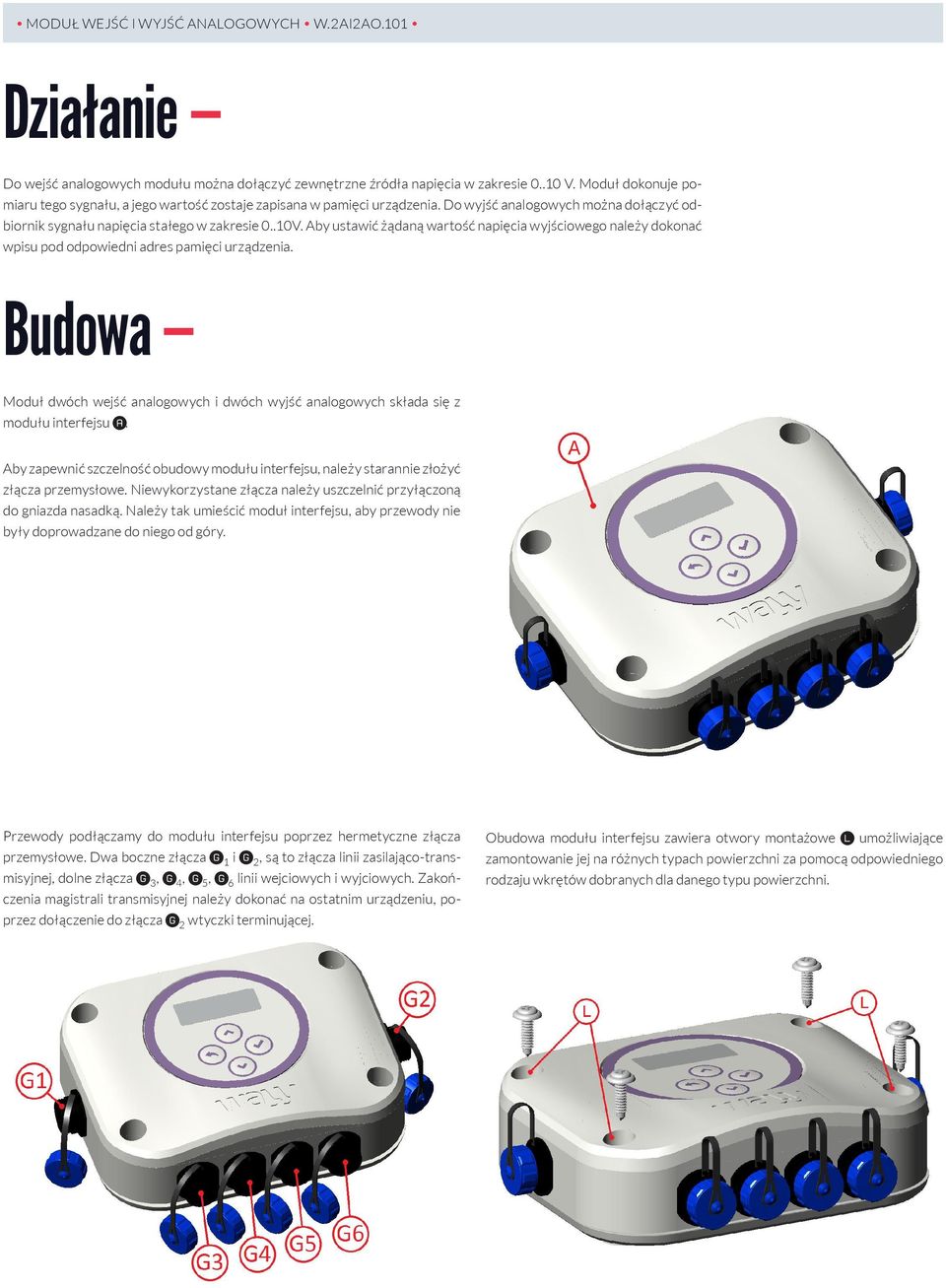 Budowa Moduł dwóch wejść analogowych i dwóch wyjść analogowych składa się z modułu interfejsu. Aby zapewnić szczelność obudowy modułu interfejsu, należy starannie złożyć złącza przemysłowe.