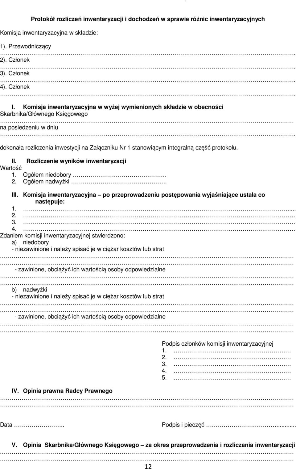 dokonała rozliczenia inwestycji na Załączniku Nr 1 stanowiącym integralną część protokołu. II. Rozliczenie wyników inwentaryzacji Wartość 1. Ogółem niedobory 2. Ogółem nadwyżki. III.