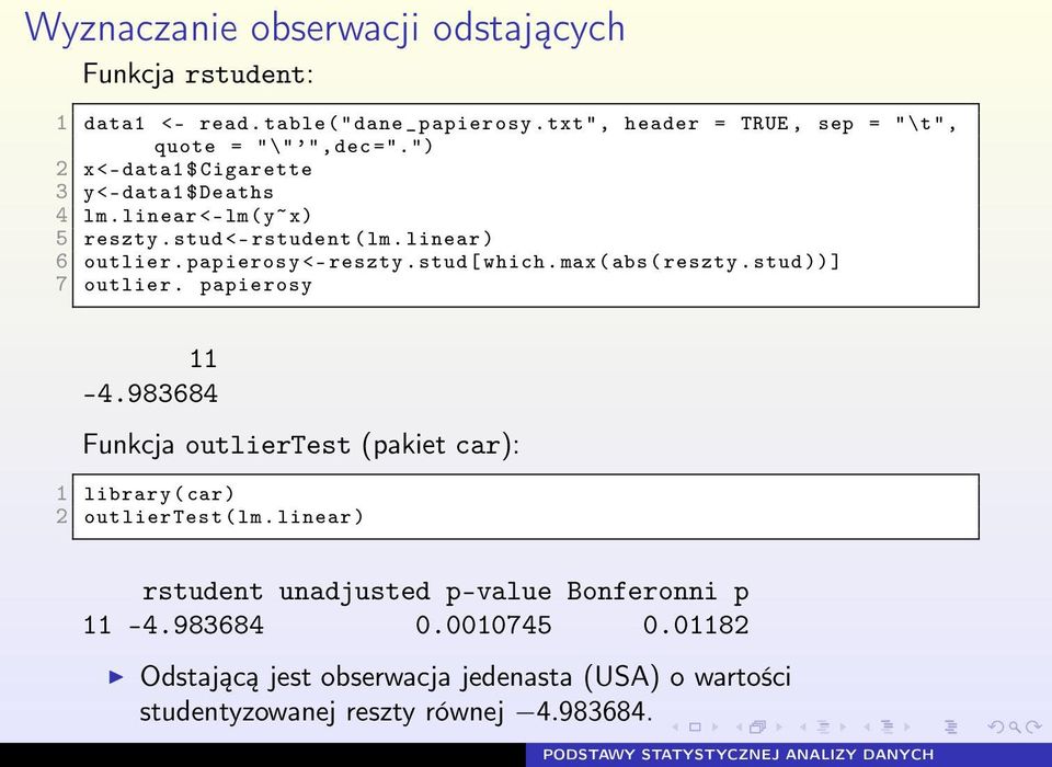 stud [ which. max ( abs ( reszty. stud ))] 7 outlier. papierosy 11-4.983684 Funkcja outliertest (pakiet car): 1 library ( car ) 2 outliertest ( lm.