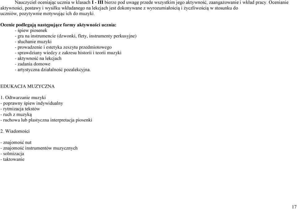 Ocenie podlegają następujące formy aktywności ucznia: - śpiew piosenek - gra na instrumencie (dzwonki, flety, instrumenty perkusyjne) - słuchanie muzyki - prowadzenie i estetyka zeszytu