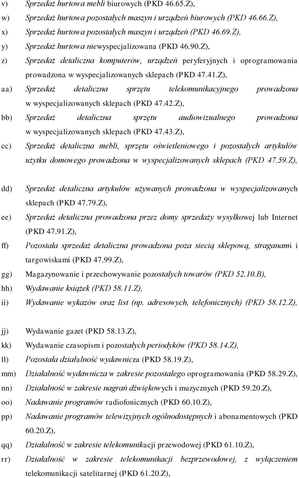 Z), aa) Sprzedaż detaliczna sprzętu telekomunikacyjnego prowadzona w wyspecjalizowanych sklepach (PKD 47.42.