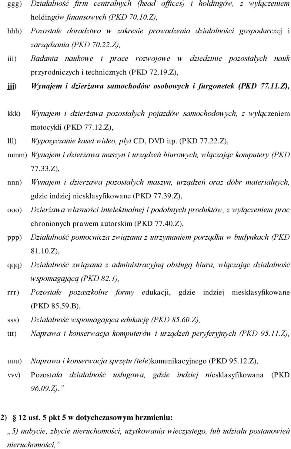 Z), Badania naukowe i prace rozwojowe w dziedzinie pozostałych nauk przyrodniczych i technicznych (PKD 72.19.Z), Wynajem i dzierżawa samochodów osobowych i furgonetek (PKD 77.11.