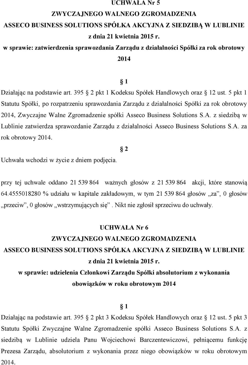 seco Business Solutions S.A. z siedzibą w Lublinie zatwierdza sprawozdanie Zarządu z działalności Asseco Business Solutions S.A. za rok obrotowy 2014.