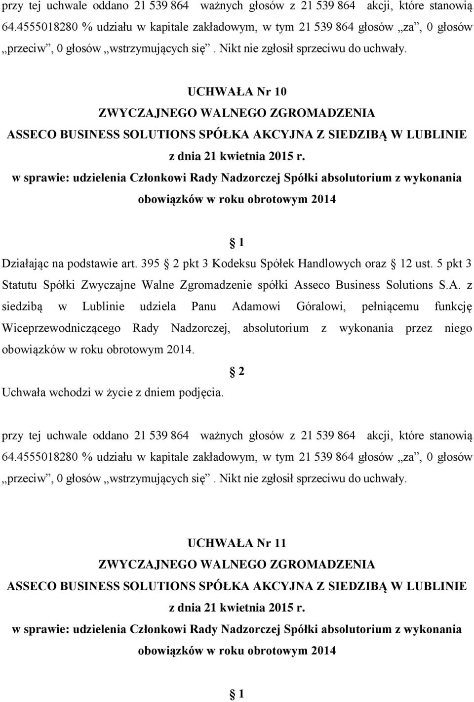 5 pkt 3 siedzibą w Lublinie udziela Panu Adamowi Góralowi, pełniącemu funkcję Wiceprzewodniczącego Rady Nadzorczej, absolutorium