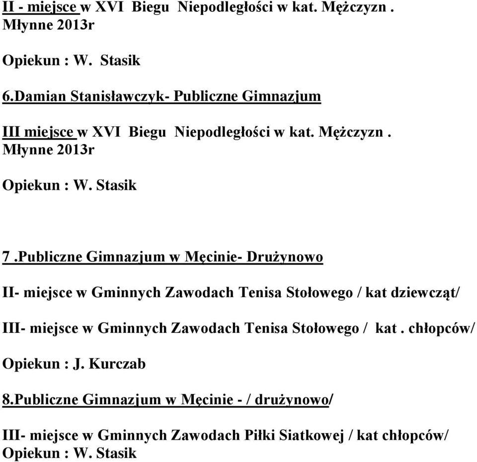 Publiczne Gimnazjum w Męcinie- Drużynowo II- miejsce w Gminnych Zawodach Tenisa Stołowego / kat dziewcząt/ III- miejsce w Gminnych