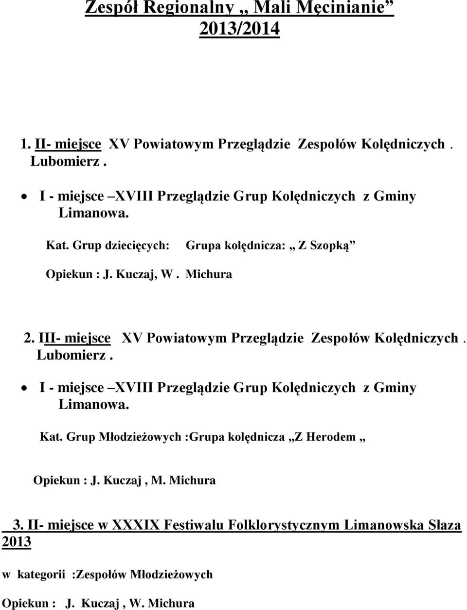 III- miejsce XV Powiatowym Przeglądzie Zespołów Kolędniczych. Lubomierz. I - miejsce XVIII Przeglądzie Grup Kolędniczych z Gminy Limanowa. Kat.