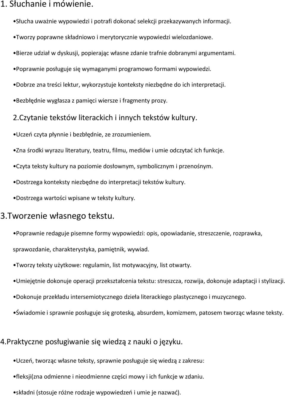 Dobrze zna treści lektur, wykorzystuje konteksty niezbędne do ich interpretacji. Bezbłędnie wygłasza z pamięci wiersze i fragmenty prozy. 2.Czytanie tekstów literackich i innych tekstów kultury.