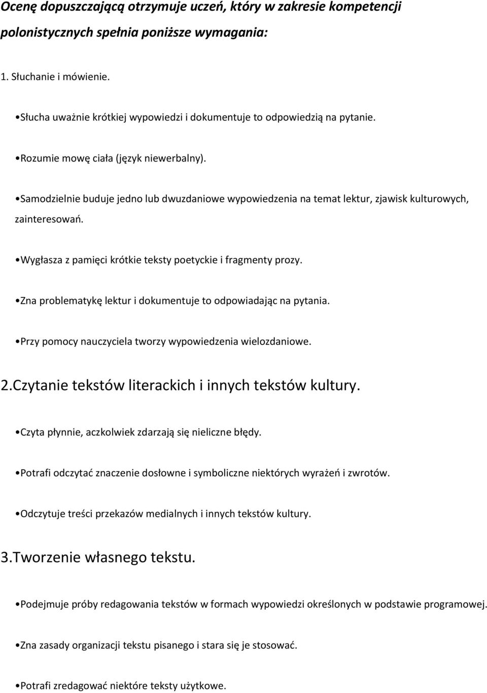 Samodzielnie buduje jedno lub dwuzdaniowe wypowiedzenia na temat lektur, zjawisk kulturowych, zainteresowao. Wygłasza z pamięci krótkie teksty poetyckie i fragmenty prozy.