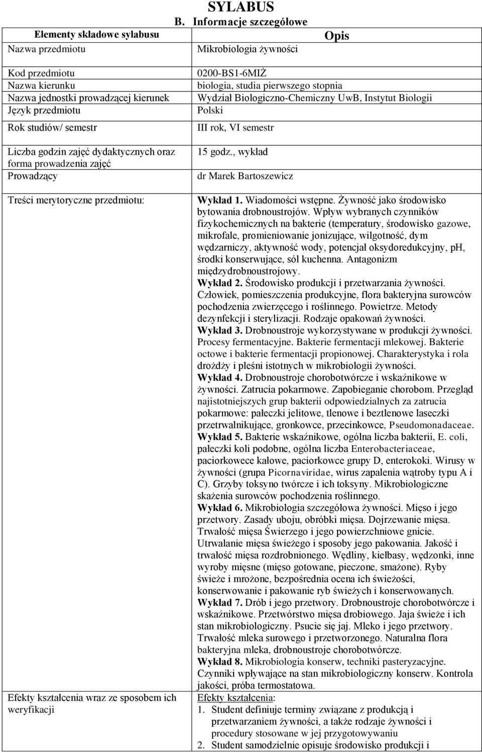 forma prowadzenia zajęć Prowadzący Treści merytoryczne przedmiotu: Efekty kształcenia wraz ze sposobem ich weryfikacji 0200-BS1-6MIŻ biologia, studia pierwszego stopnia Wydział Biologiczno-Chemiczny