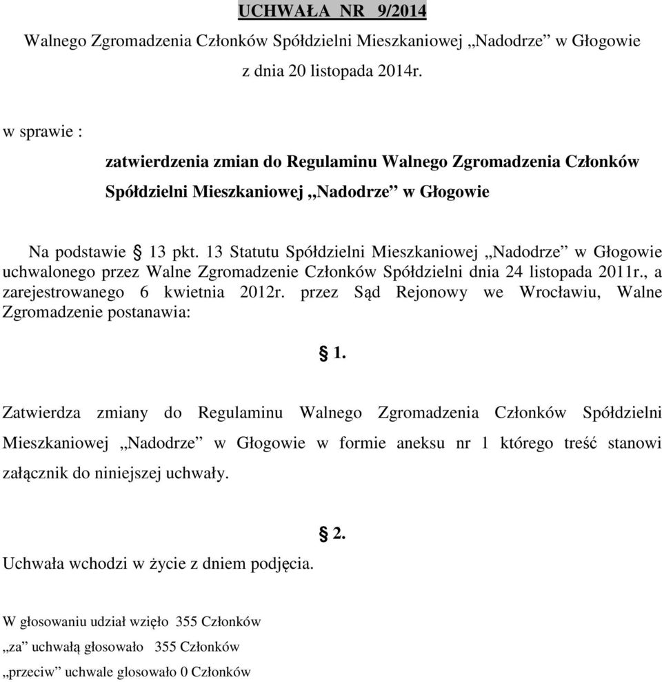 13 Statutu Spółdzielni Mieszkaniowej Nadodrze w Głogowie uchwalonego przez Walne Zgromadzenie Członków Spółdzielni dnia 24 listopada 2011r., a zarejestrowanego 6 kwietnia 2012r.