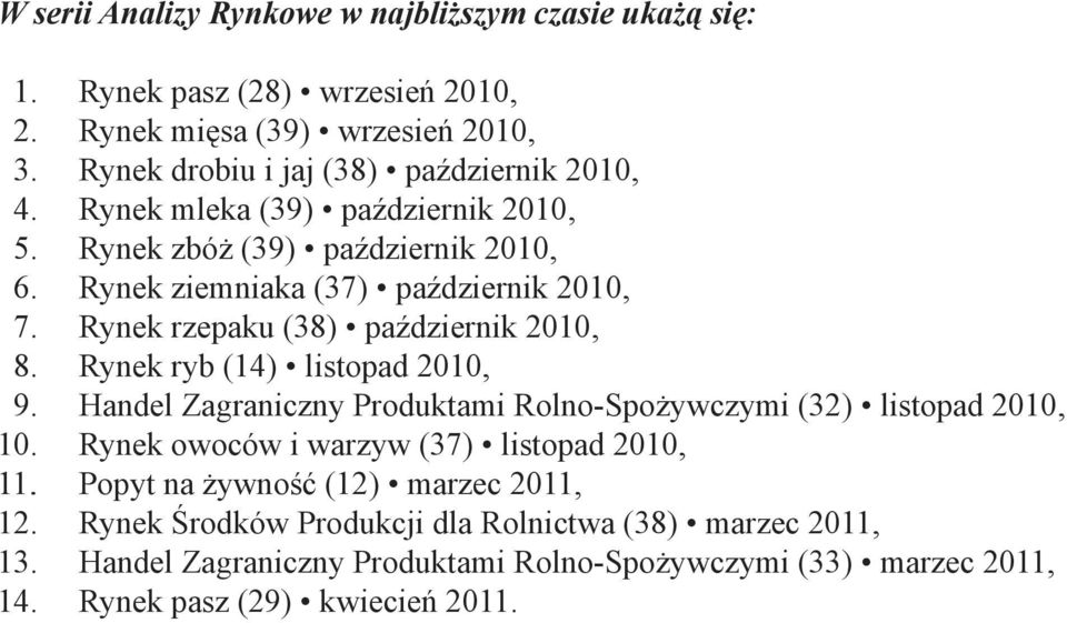 Rynek rzepaku (38) październik 2010, 8. Rynek ryb (14) listopad 2010, 9. Handel Zagraniczny Produktami Rolno-Spożywczymi (32) listopad 2010, 10.